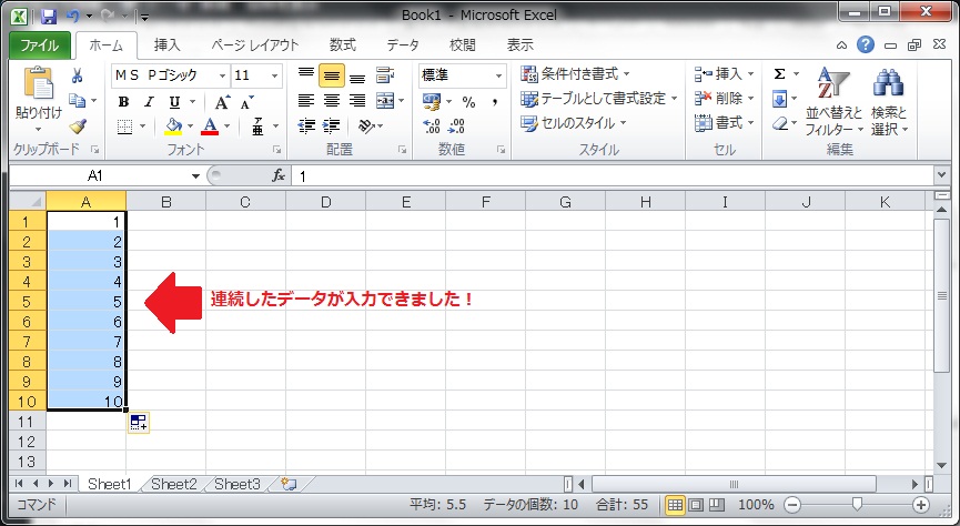 数字の連続データが入力された状態