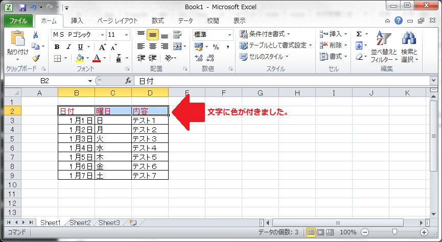 文字に色が付いた状態