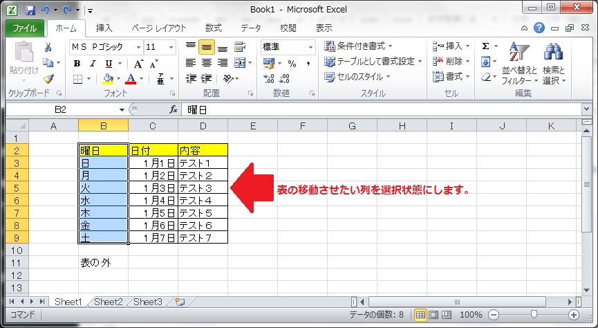 表の列だけを選択