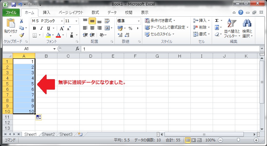 数字の連続データが入力された状態